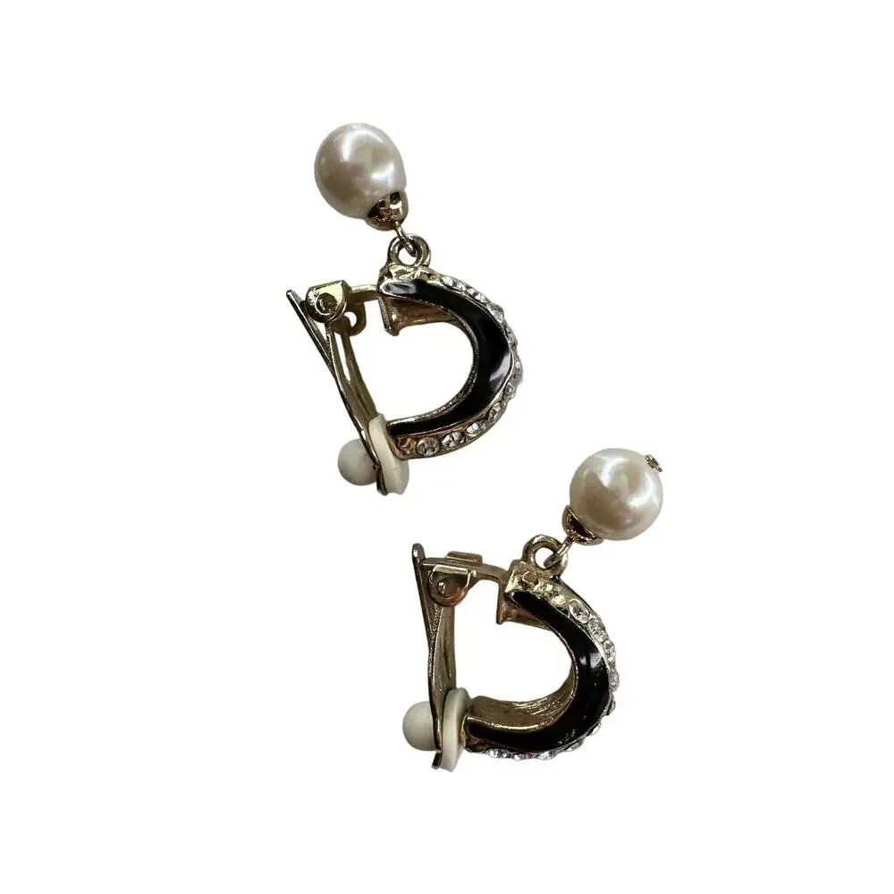 Vintage goldtone, black enamel, rhinestones, and faux pearl clip-on earrings
